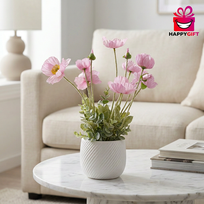 Pink Artificial Poppy Flower Arrangement in White Pot | Happy Gift