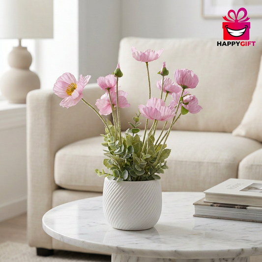 Pink Artificial Poppy Flower Arrangement in White Pot | Happy Gift