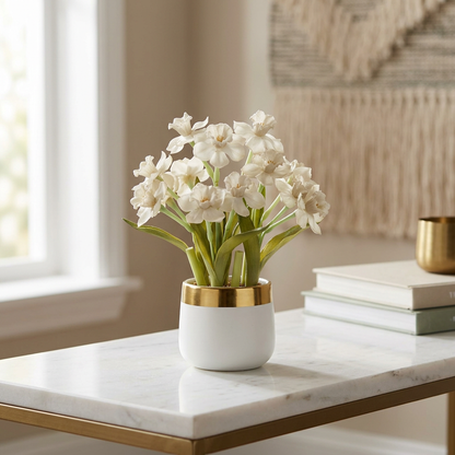 White Artificial Flower Arrangement in Gold-Rimmed Pot | Happy Gift