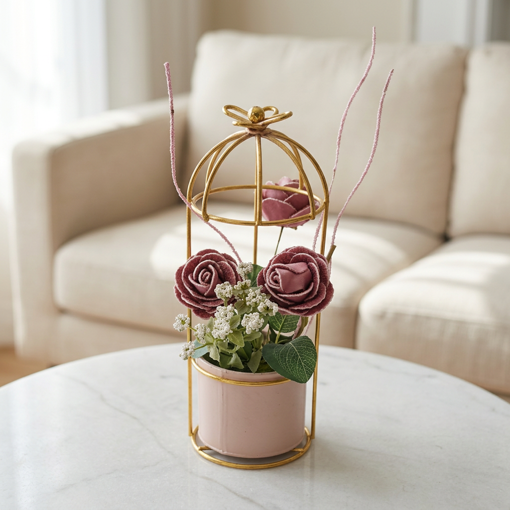 Dusty Pink Artificial Rose Arrangement in Gold Cage Stand | Happy Gift