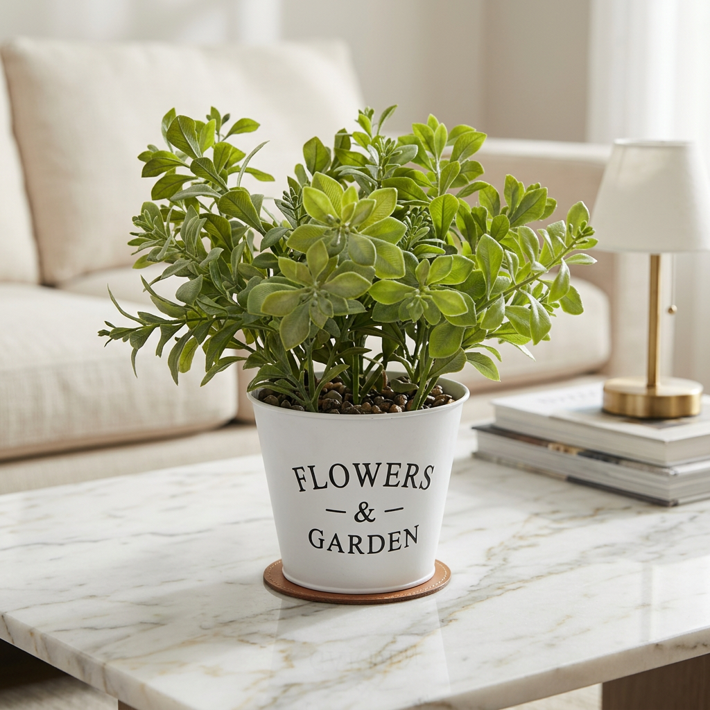 Artificial Green Leaf Plant in White Flower & Garden Pot | Happy Gift