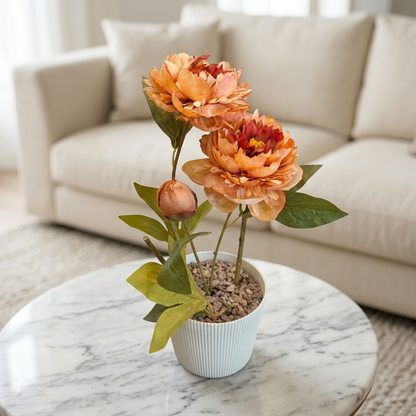 Peach Artificial Flower Arrangement in White Ribbed Pot | Happy Gift
