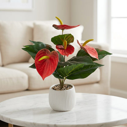 Red Artificial Anthurium Plant in White Ribbed Pot | Happy Gift