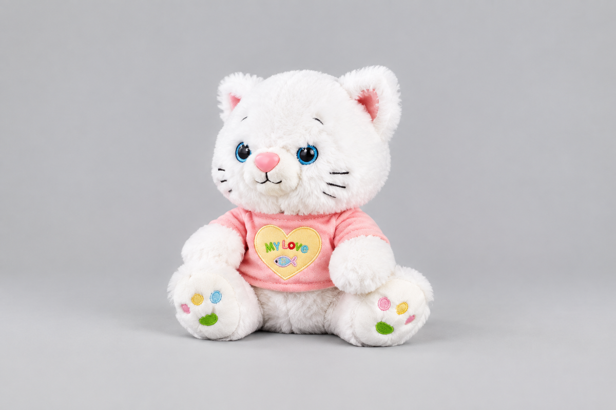 40CM White Cat Plush Toy with Pink Heart Shirt | Happy Gift