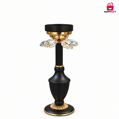 Luxury Matte Black Candle Stand with Crystal Prisms – Gold Trim Table Centerpiece