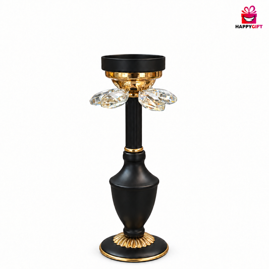 Luxury Matte Black Candle Stand with Crystal Prisms – Gold Trim Table Centerpiece