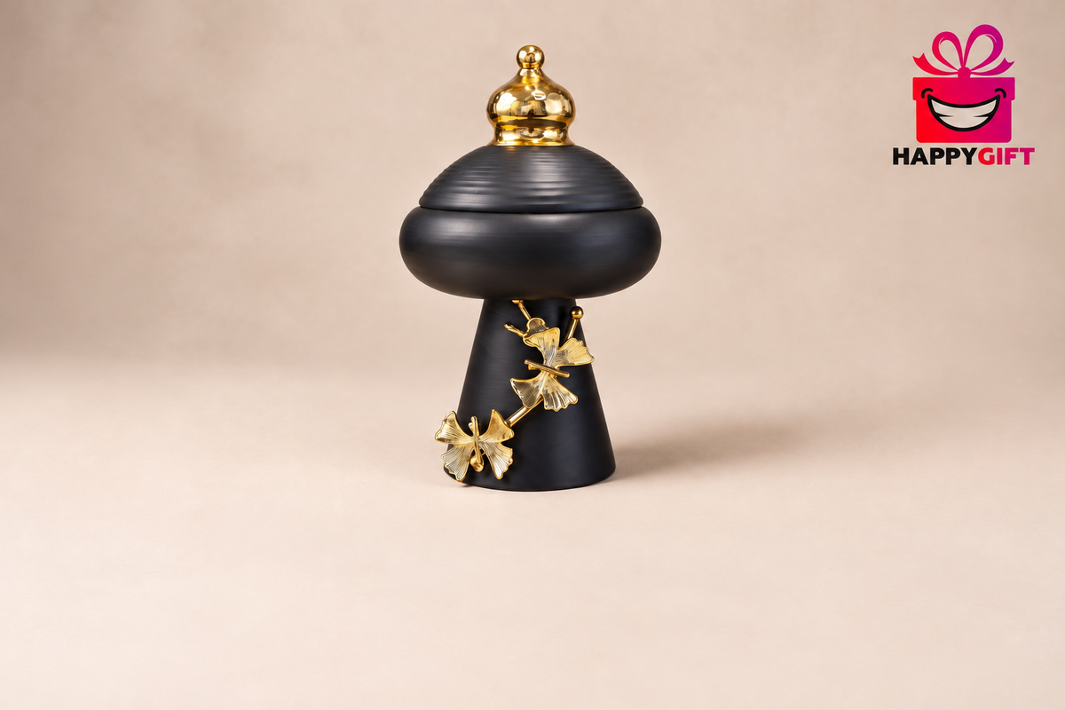 Modern Matte Black Urn Jar – Metallic Gold Finial & Ginkgo Floral Showpiece