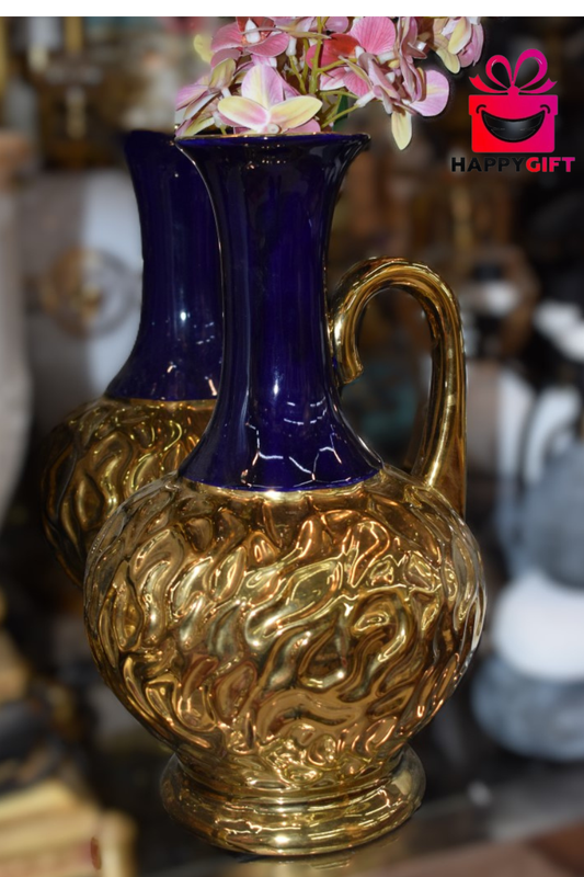 Vintage Royal Blue & Gold Ceramic Pitcher Vase – High-Gloss Floral Showpiece