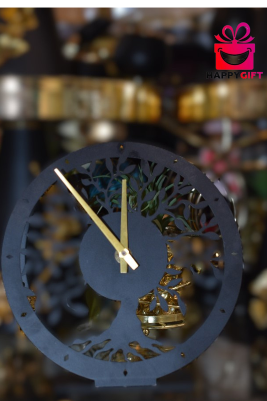 Modern Tree of Life Table Clock – Minimalist Matte Black & Gold Desk Decor