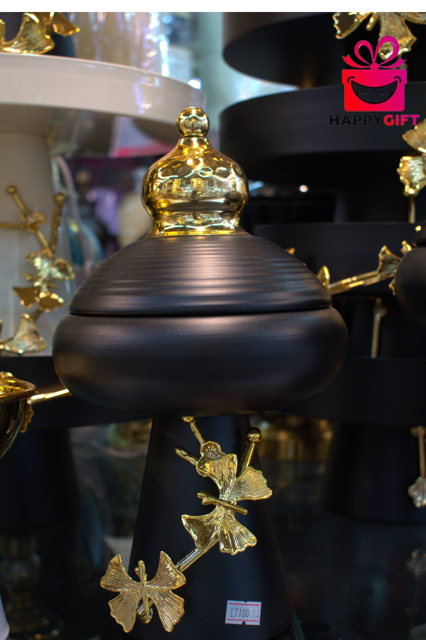 Modern Matte Black Urn Jar – Metallic Gold Finial & Ginkgo Floral Showpiece