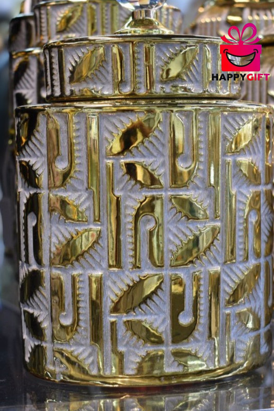 Ornate White & Gold Ceramic Canister – Decorative Centerpiece Jar with Lid