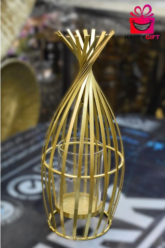 Luxury Gold Wire Pillar Candle Holder – Sculptural Twisted Tabletop Lantern