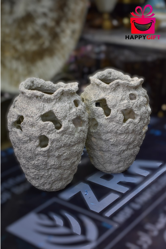 Textured Coral Stone Mini Vases – Pair of Cutout Wabi-Sabi Tabletop Lanterns