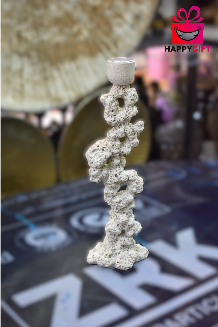 Minimalist Coral Rock Candlestick – Sculptural Off-White Taper Candle Holder
