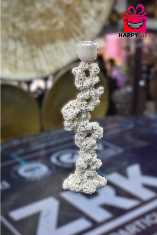 Minimalist Coral Rock Candlestick – Sculptural Off-White Taper Candle Holder