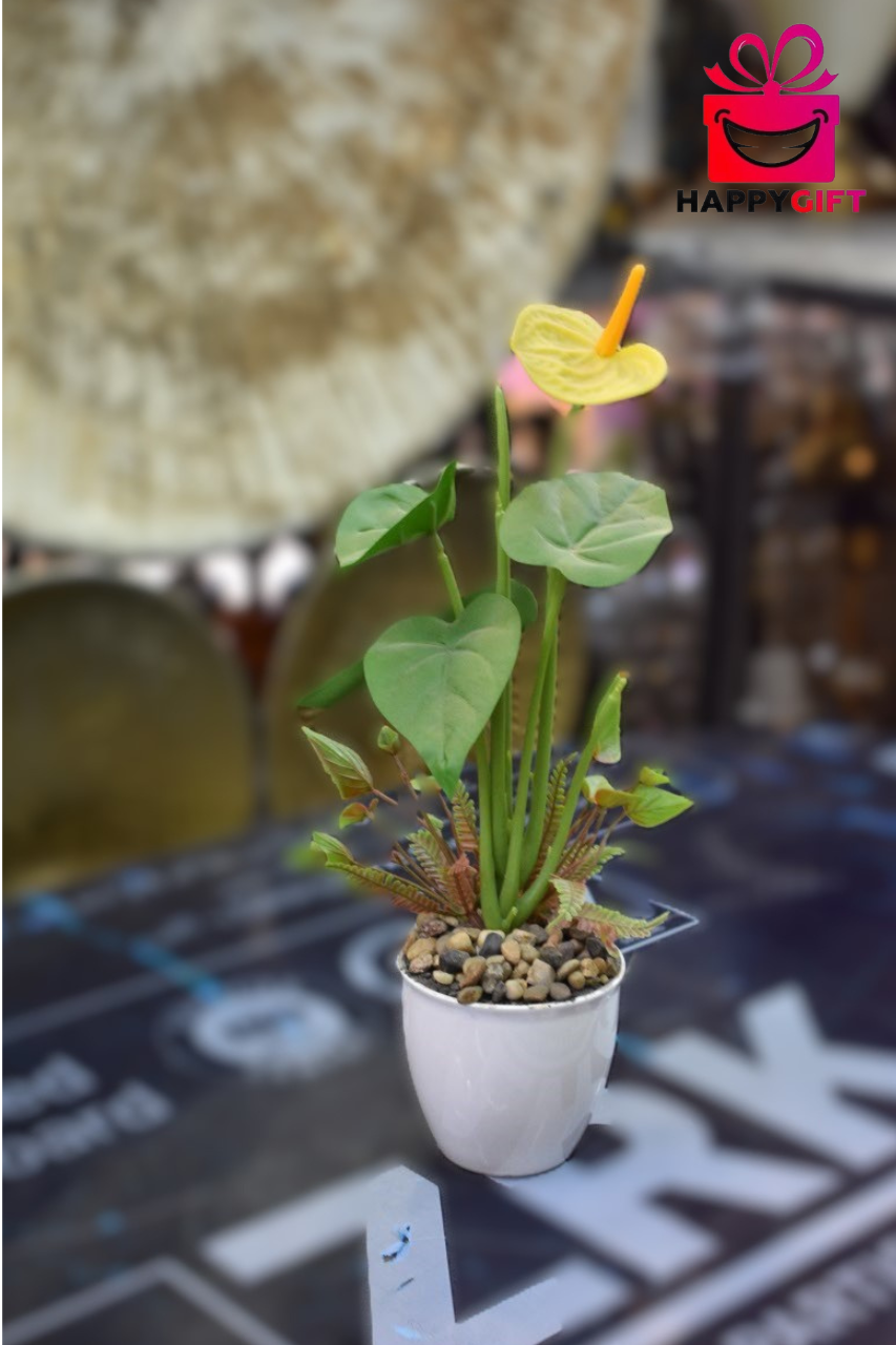 Potted Faux Yellow Anthurium Flower – Gloss White Pot Tabletop Plant