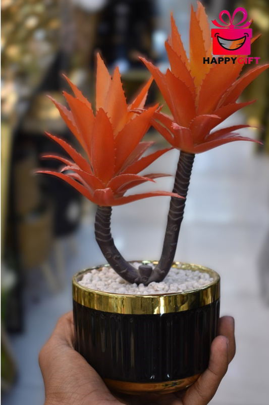 Modern Faux Orange Aloe Succulent – Black & Gold Ceramic Planter Decor
