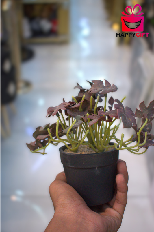 Mini Faux Foliage Plant in Black Pot – Tabletop Burgundy Leaf Decor