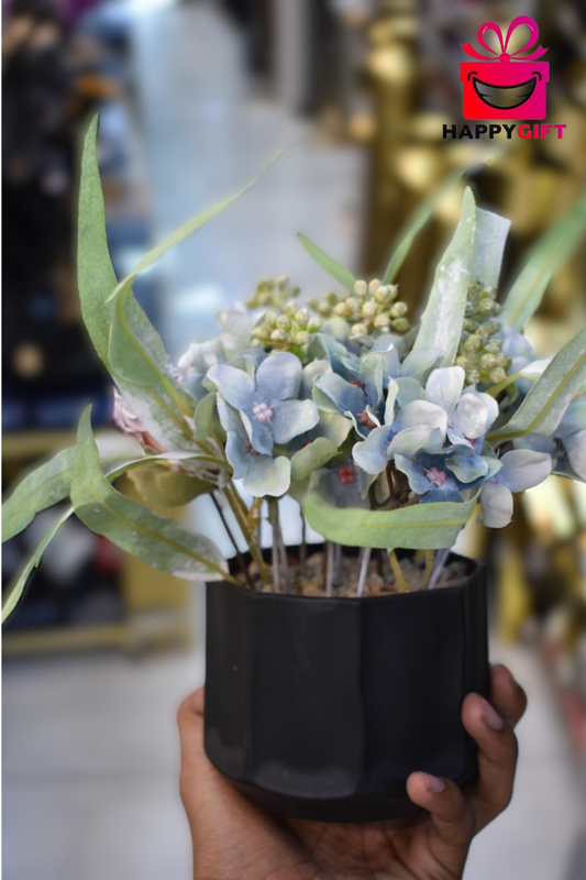 Pastel Blue Faux Flower Plant in Modern Matte Black Pot – Living Room Table Decor