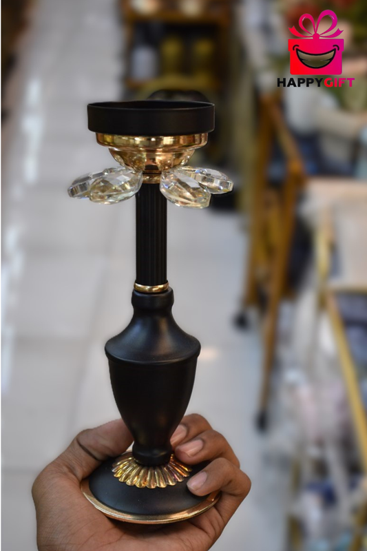 Luxury Matte Black Candle Stand with Crystal Prisms – Gold Trim Table Centerpiece