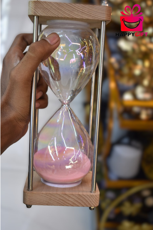 Vintage Wooden Frame Sand Hourglass – Holographic Rainbow Glass Decor