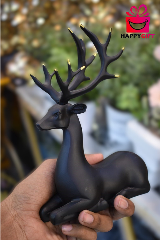 Elegant Matte Black Deer Statue with Gold Accents – Modern Resin Showpiece