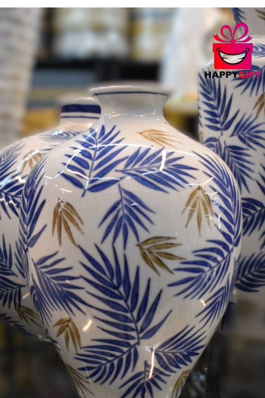 Tropical Palm Print Porcelain Jar Vase – Gloss White & Cobalt Blue Tabletop Centerpiece