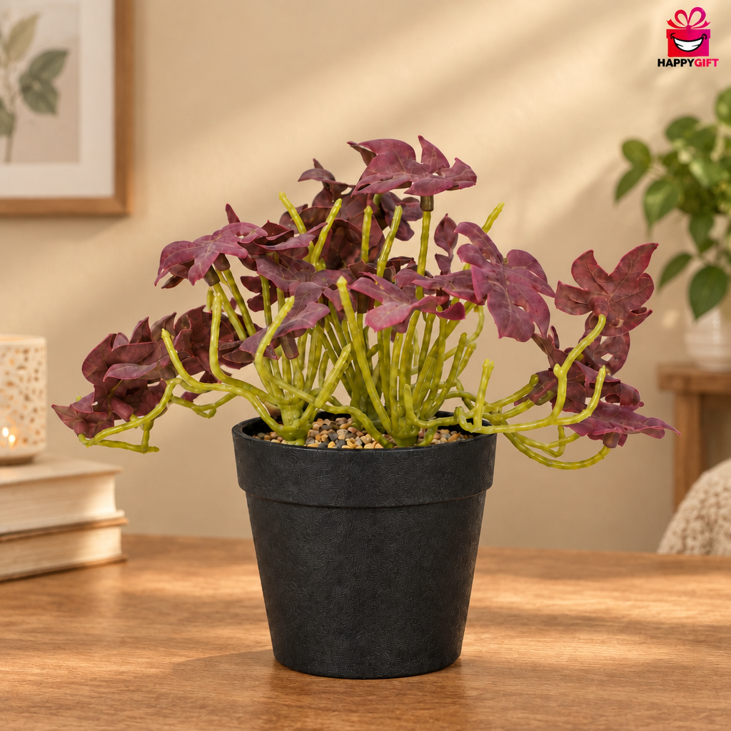 Mini Faux Foliage Plant in Black Pot – Tabletop Burgundy Leaf Decor