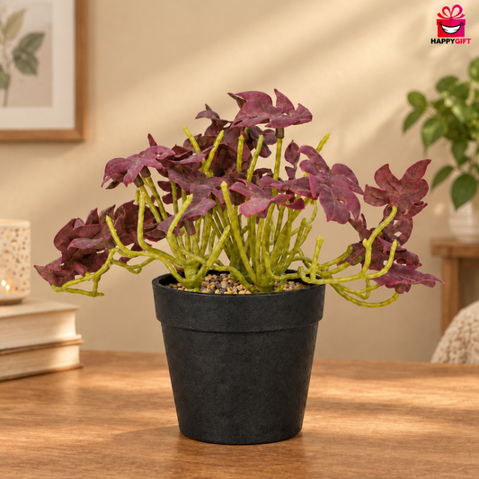 Mini Faux Foliage Plant in Black Pot – Tabletop Burgundy Leaf Decor