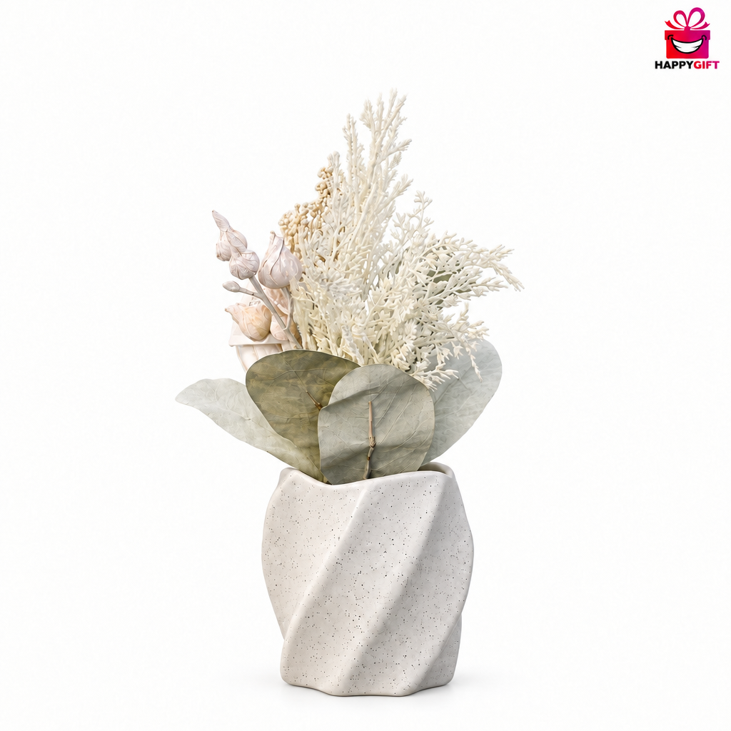 Minimalist White Speckled Twist Vase – Faux Dried Floral Pot Tabletop Decor