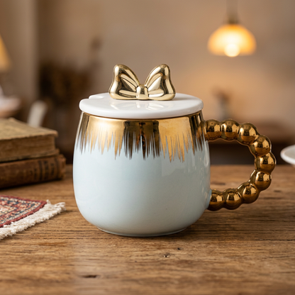 Blue & Gold Ceramic Mug with Bow Lid – Happy Gift