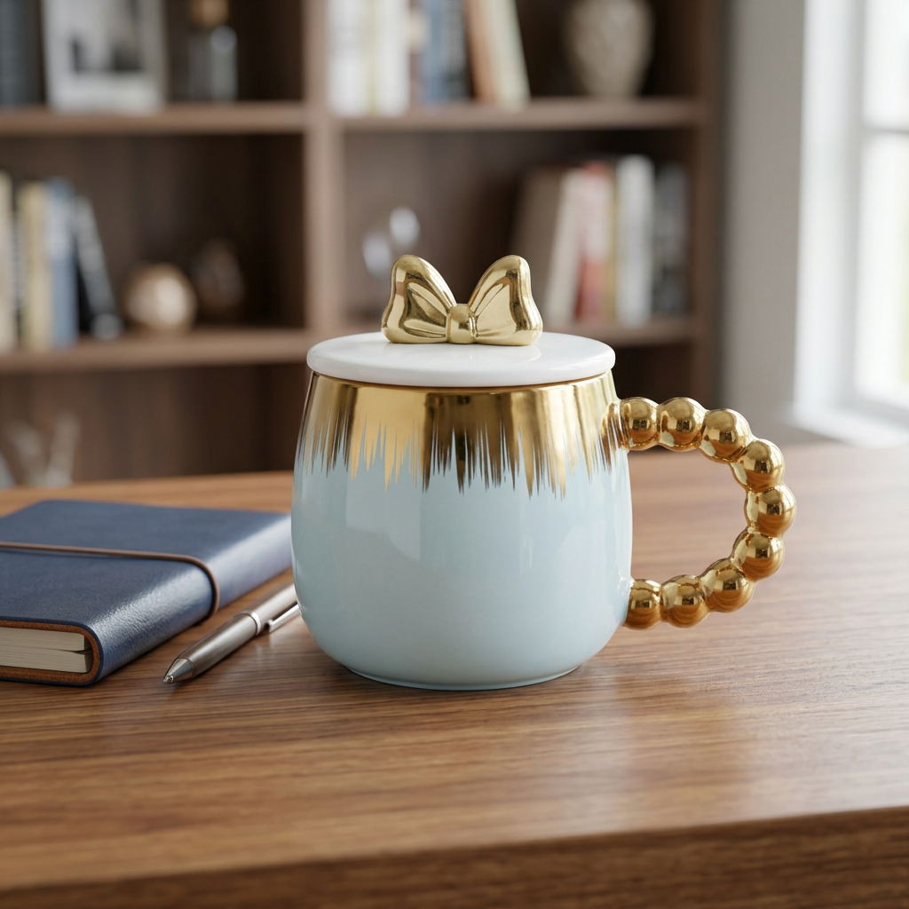 Blue & Gold Ceramic Mug with Bow Lid – Happy Gift