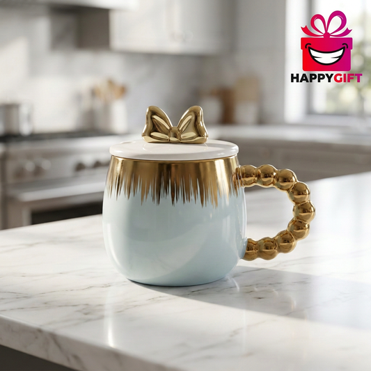 Blue & Gold Ceramic Mug with Bow Lid – Happy Gift