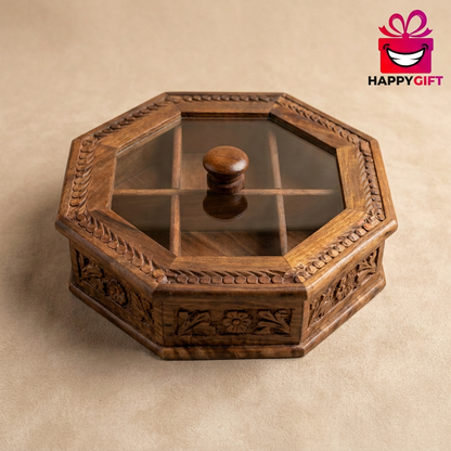 Octagonal Wooden Storage Box with Glass Lid | Happy Gift