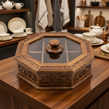 Octagonal Wooden Storage Box with Glass Lid | Happy Gift