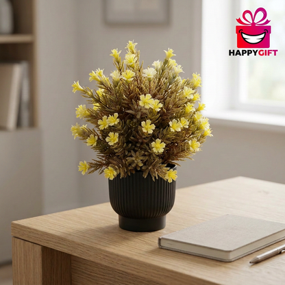 Yellow Artificial Flower Arrangement in Black Ribbed Pot | Happy Gift