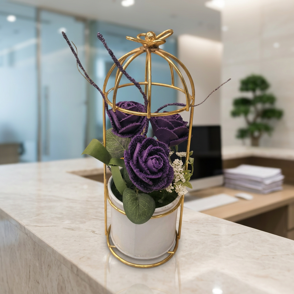Purple Artificial Rose Arrangement in Gold Cage Stand | Happy Gift