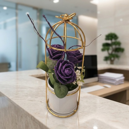 Purple Artificial Rose Arrangement in Gold Cage Stand | Happy Gift
