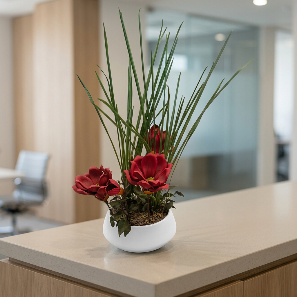Red Artificial Flower and Grass Arrangement in White Pot | Happy Gift