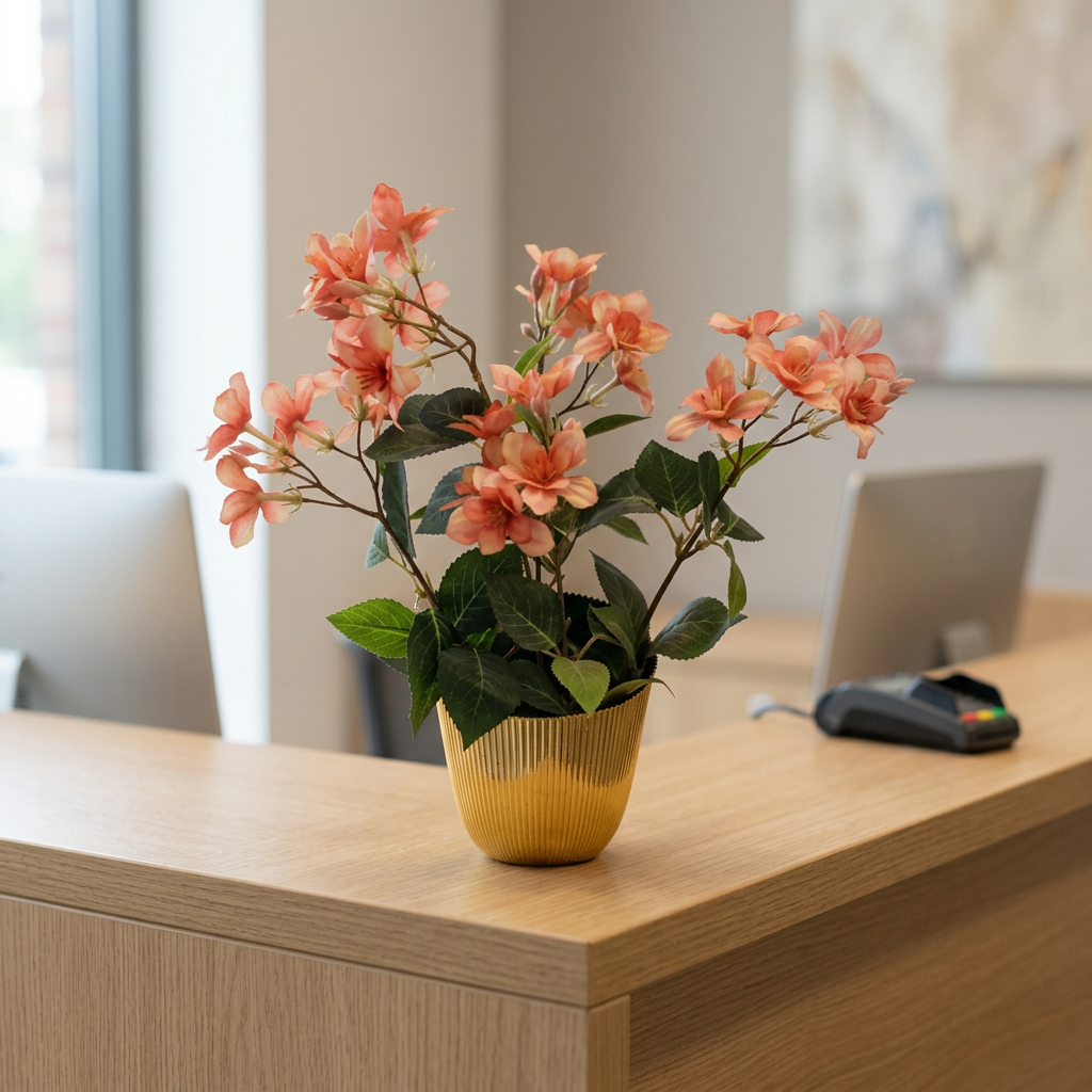 Peach Artificial Blossom Arrangement in Gold Pot | Happy Gift