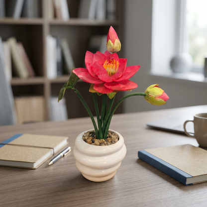 Pink Artificial Lotus Flower Arrangement in White Pot | Happy Gift