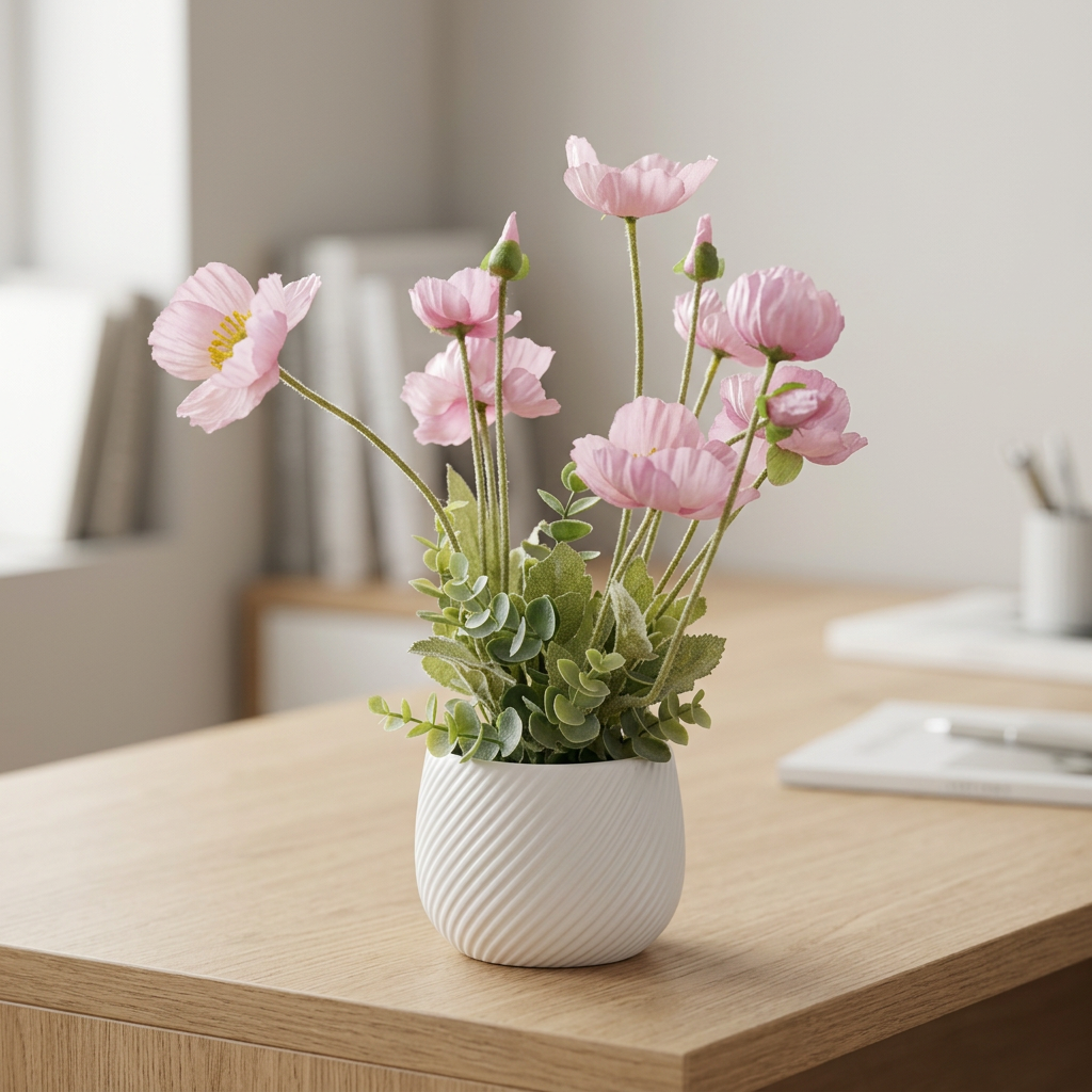 Pink Artificial Poppy Flower Arrangement in White Pot | Happy Gift
