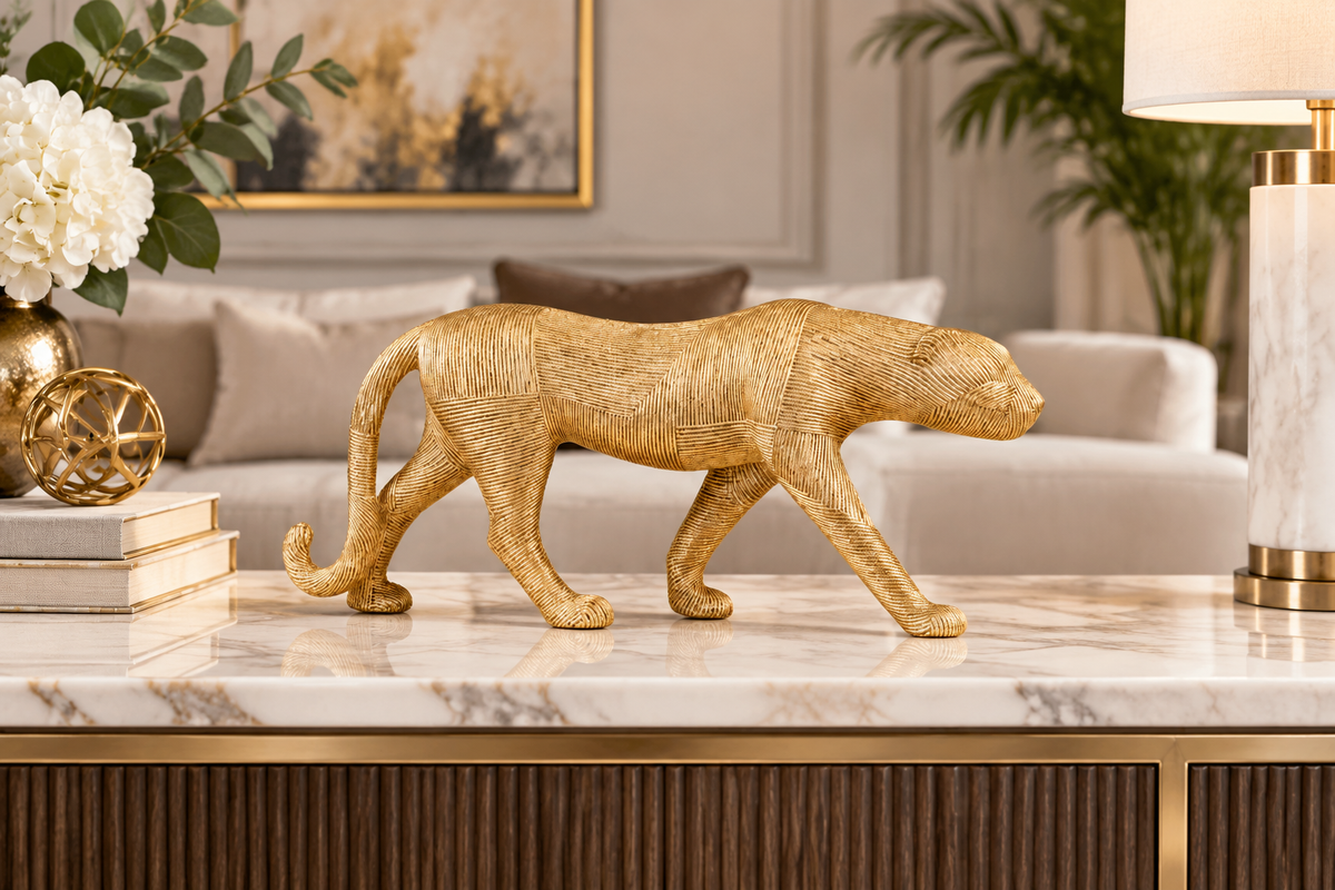 Exquisite Textured Gold Wire Leopard Figurine - Luxury Home Decor | HappyGift
