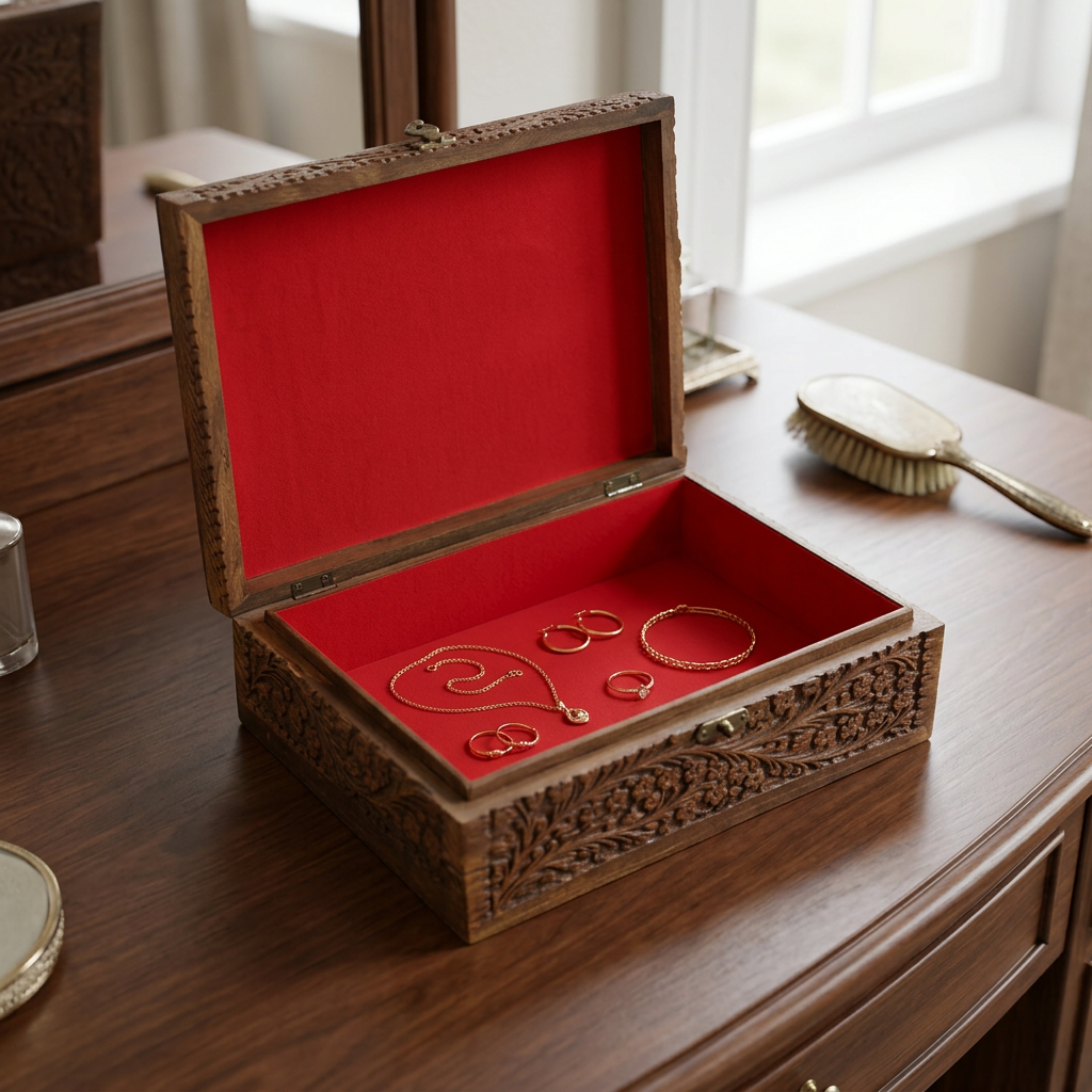 Carved Wooden Jewellery Box with Red Lining | Happy Gift
