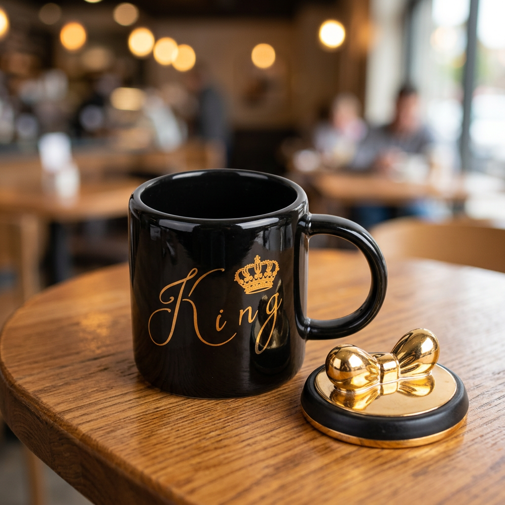 Black King Mug with Gold Crown & Bow Lid | Happy Gift
