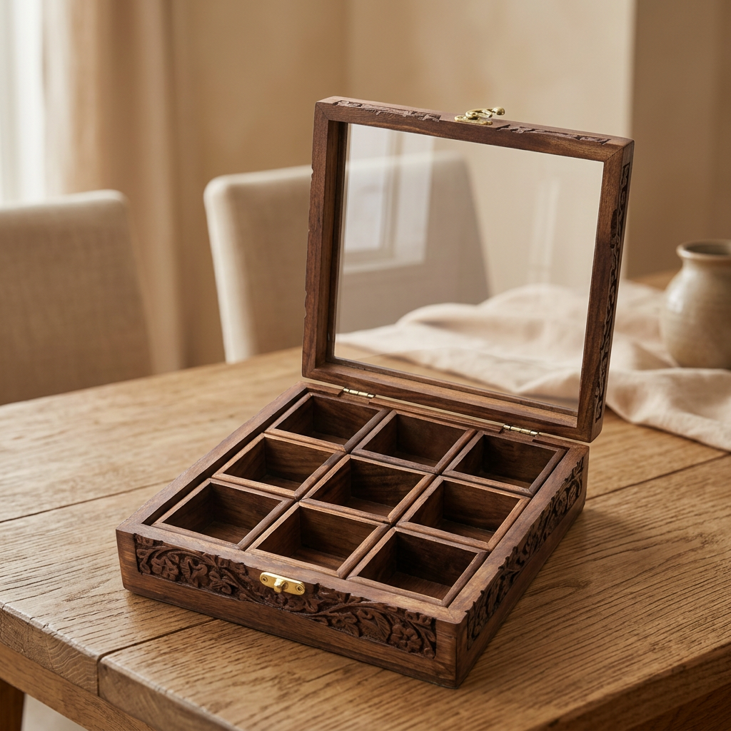 Carved Wooden Tea Box with Glass Lid – 9 Compartments | Happy Gift