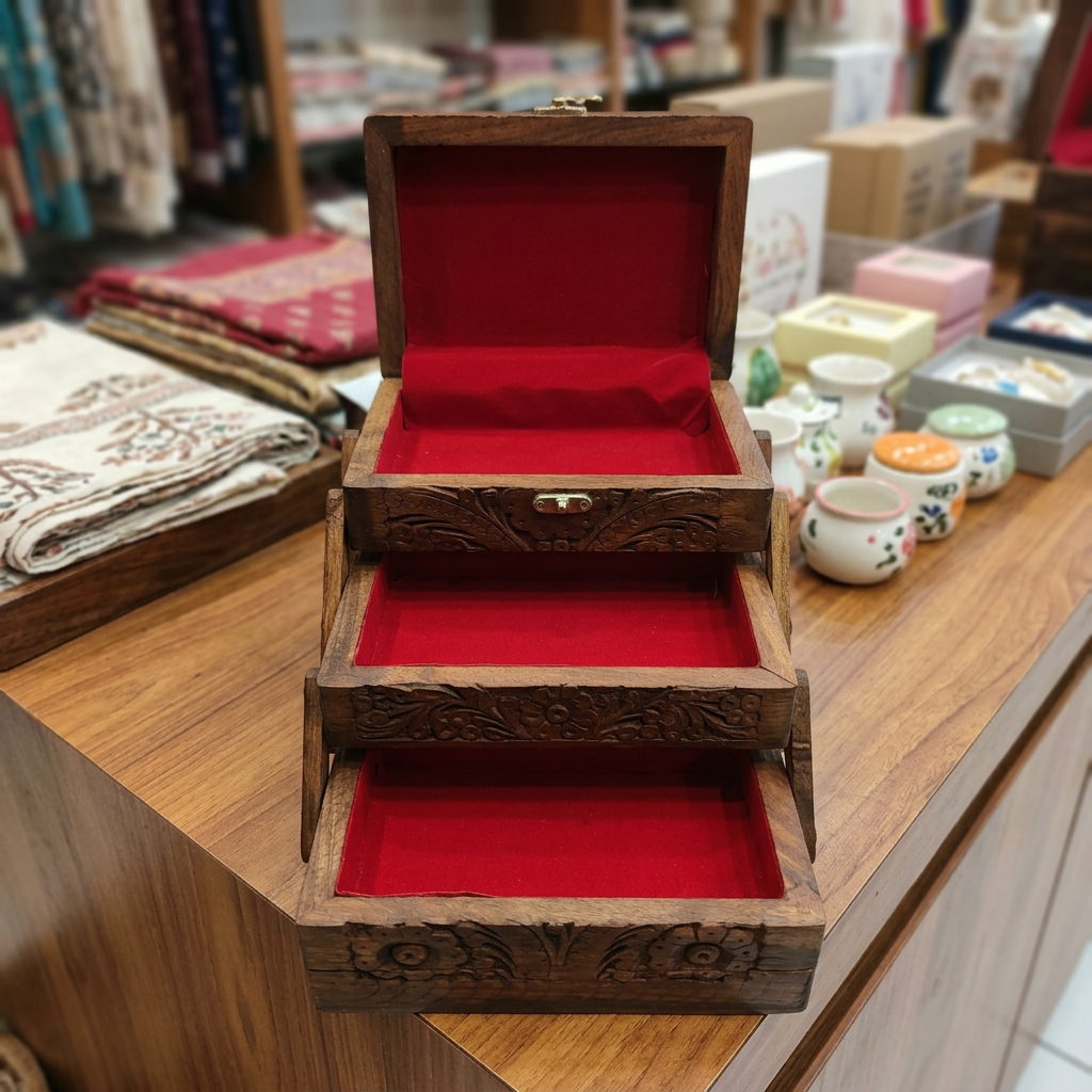 Carved Wooden Tiered Jewellery Box with Red Lining | Happy Gift