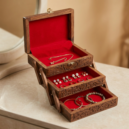 Carved Wooden Tiered Jewellery Box with Red Lining | Happy Gift