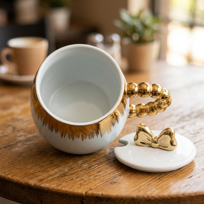 Blue & Gold Ceramic Mug with Bow Lid – Happy Gift