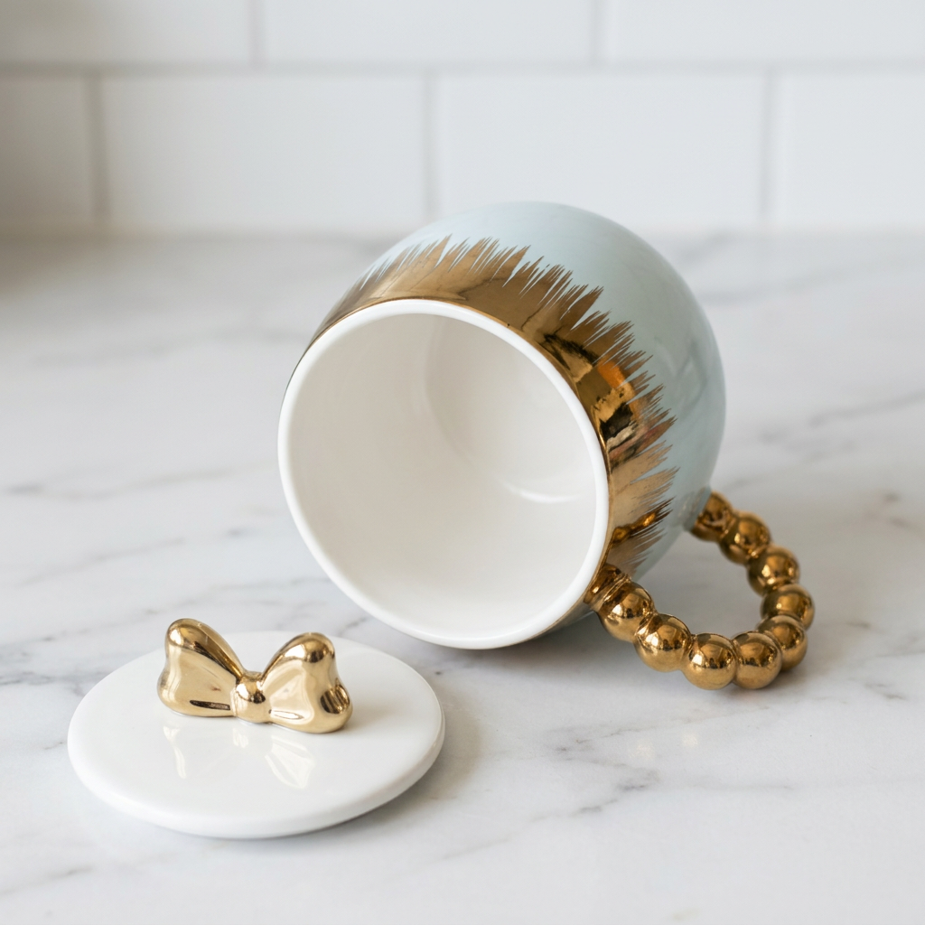 Blue & Gold Ceramic Mug with Bow Lid – Happy Gift